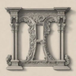 An architectural design of a building shaped like the letter 'H', adorned with artistic flourishes.