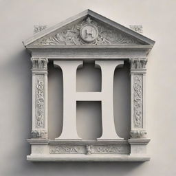 An architectural design of a building shaped like the letter 'H', adorned with artistic flourishes.