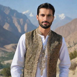 A handsome man in traditional Pakistani attire, exuding charm and charisma with a scenic landscape of Pakistan in the background