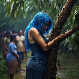 Create an art piece illustrating a pregnant woman with blue hair, who is hugging a mango tree branch, covered in ants biting her. She is gently crying under the rain, witnessed by a crowd, depicted as if photographed on a Canon EOS.