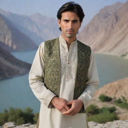 A handsome man in traditional Pakistani attire, exuding charm and charisma with a scenic landscape of Pakistan in the background