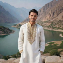 A handsome man in traditional Pakistani attire, exuding charm and charisma with a scenic landscape of Pakistan in the background