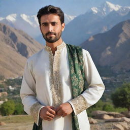 A handsome man in traditional Pakistani attire, exuding charm and charisma with a scenic landscape of Pakistan in the background