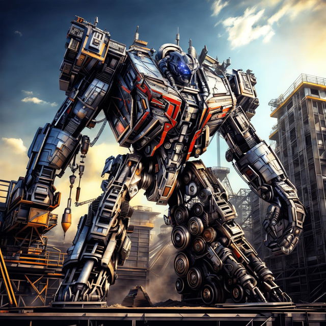 This digital art image portrays a tower crane transformed into a magnificent Autobot from the Transformers series