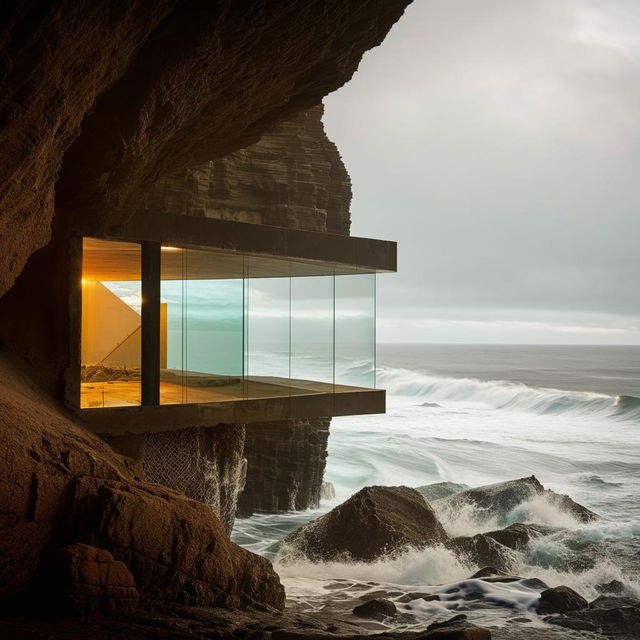 A sturdy house ingeniously built inside a cliff featuring thick, resilient glass windows standing firm against the constant onslaught of ocean waves.