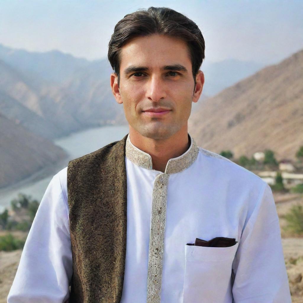 A handsome, clean-shaven man in traditional Pakistani attire, exuding charm, with a scenic view of Pakistan in the background