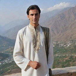 A handsome, clean-shaven man in traditional Pakistani attire, exuding charm, with a scenic view of Pakistan in the background