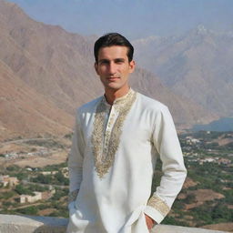 A handsome, clean-shaven man in traditional Pakistani attire, exuding charm, with a scenic view of Pakistan in the background