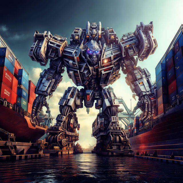 This digital art image presents a cargo ship transformed into a menacing Decepticon from the Transformers series