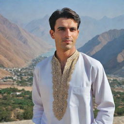 A handsome, clean-shaven man in traditional Pakistani attire, exuding charm, with a scenic view of Pakistan in the background