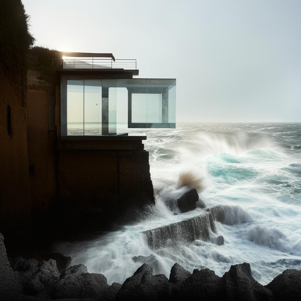 A sturdy house ingeniously built inside a cliff featuring thick, resilient glass windows standing firm against the constant onslaught of ocean waves.