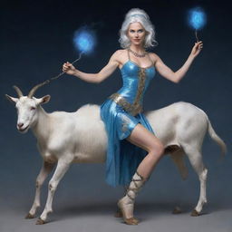 A mythological woman with the legs and tail of a goat, glowing blue eyes, and glimmering silver hair. She has hooves instead of feet and is playfully beating a pair of snare drums.