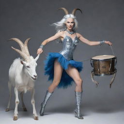 A mythological woman with the legs and tail of a goat, glowing blue eyes, and glimmering silver hair. She has hooves instead of feet and is playfully beating a pair of snare drums.