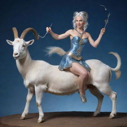 A mythological woman with the legs and tail of a goat, glowing blue eyes, and glimmering silver hair. She has hooves instead of feet and is playfully beating a pair of snare drums.