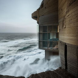 A sturdy house ingeniously built inside a cliff featuring thick, resilient glass windows standing firm against the constant onslaught of ocean waves.