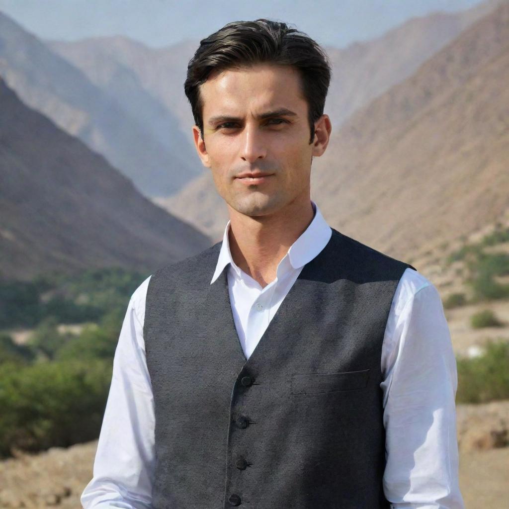 A handsome, clean-shaven man with a middle-parted hairstyle in traditional Pakistani attire, radiating charm against a backdrop of Pakistan's landscape