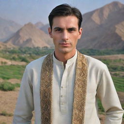 A handsome, clean-shaven man with a middle-parted hairstyle in traditional Pakistani attire, radiating charm against a backdrop of Pakistan's landscape