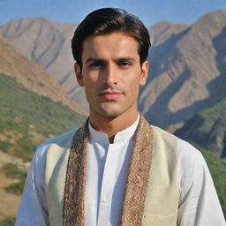 A handsome, clean-shaven man with a middle-parted hairstyle in traditional Pakistani attire, radiating charm against a backdrop of Pakistan's landscape