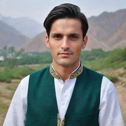 A handsome, clean-shaven man with a middle-parted hairstyle in traditional Pakistani attire, radiating charm against a backdrop of Pakistan's landscape