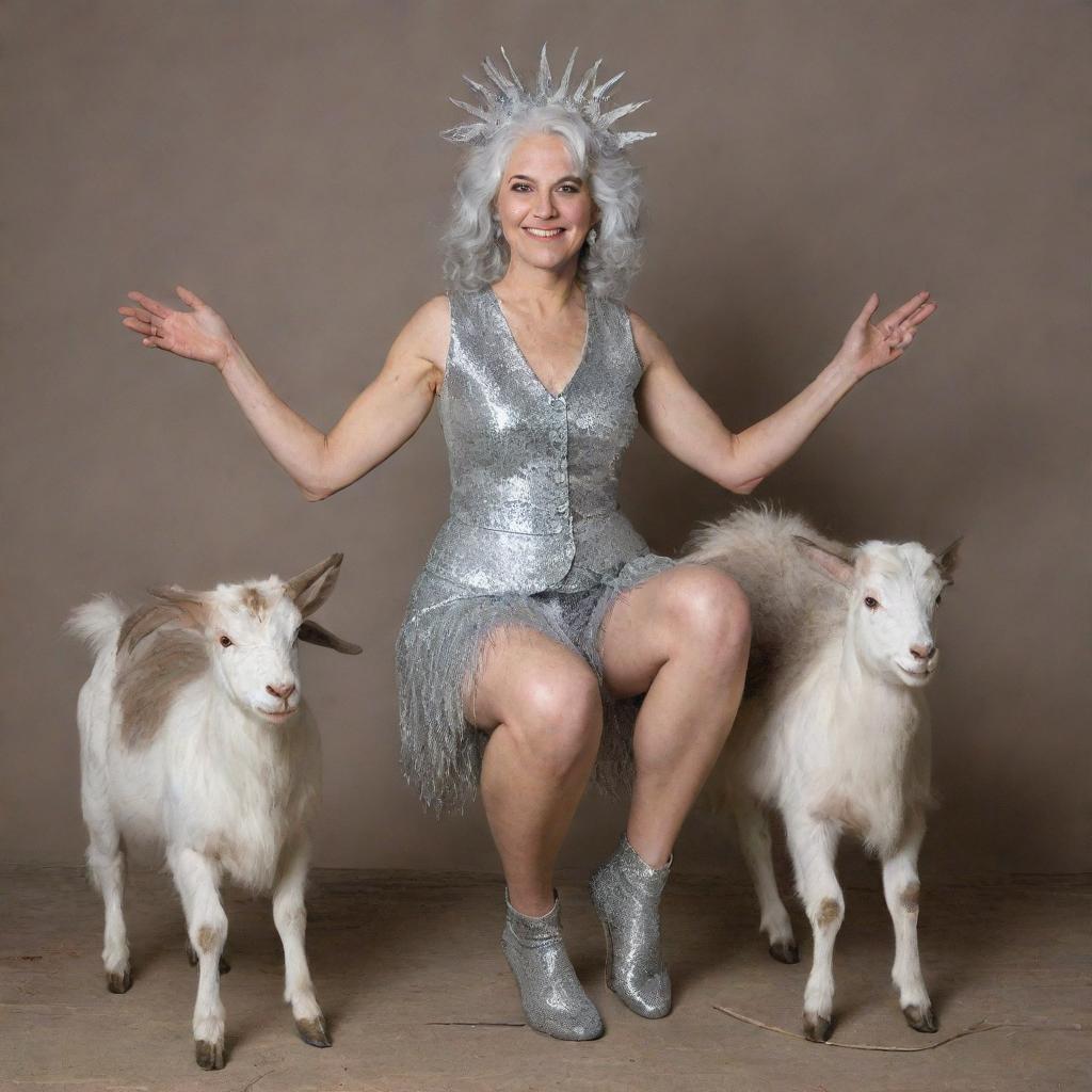 A unique woman with hairy legs ending in hooves and a goat's tail. She has dove-like eyes, sparkling silver hair, and is artistically holding snare drums.