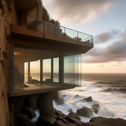 A sturdy house ingeniously built inside a cliff featuring thick, resilient glass windows standing firm against the constant onslaught of ocean waves.