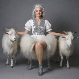 A unique woman with hairy legs ending in hooves and a goat's tail. She has dove-like eyes, sparkling silver hair, and is artistically holding snare drums.