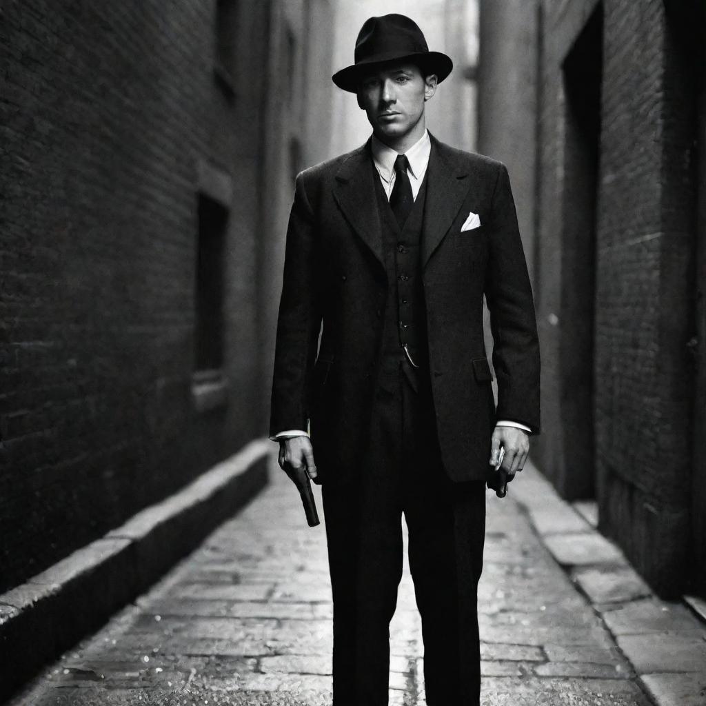 A British gangster in the 1920s, standing confident in a dimly lit alley, wearing a suit, fedora, and carrying a hidden cane gun