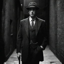 A British gangster in the 1920s, standing confident in a dimly lit alley, wearing a suit, fedora, and carrying a hidden cane gun