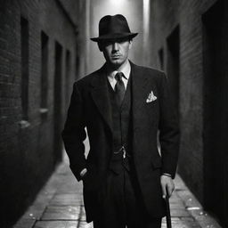 A British gangster in the 1920s, standing confident in a dimly lit alley, wearing a suit, fedora, and carrying a hidden cane gun