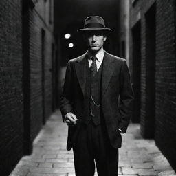 A British gangster in the 1920s, standing confident in a dimly lit alley, wearing a suit, fedora, and carrying a hidden cane gun