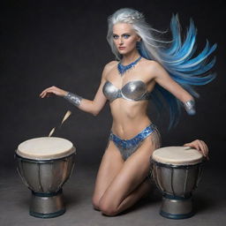 A mythical woman with striking blue eyes and gleaming silver hair, she has unusual leg features with hair and hooves. Her back is adorned by a small tail. She is passionately playing snare drums.