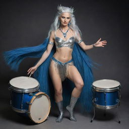 A mythical woman with striking blue eyes and gleaming silver hair, she has unusual leg features with hair and hooves. Her back is adorned by a small tail. She is passionately playing snare drums.