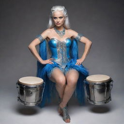 A mythical woman with striking blue eyes and gleaming silver hair, she has unusual leg features with hair and hooves. Her back is adorned by a small tail. She is passionately playing snare drums.