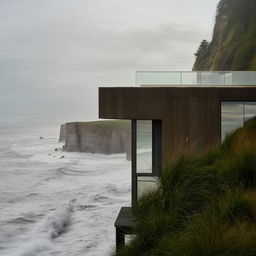 A sturdy house, viewed straight on, embraced by a wide, flat cliff with a grassy top. Monumental waves crash against thick glass windows.