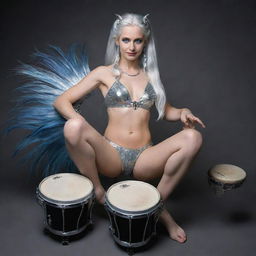 A mythical woman with striking blue eyes and gleaming silver hair, she has unusual leg features with hair and hooves. Her back is adorned by a small tail. She is passionately playing snare drums.