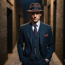 Colorful representation of a confident British gangster from the 1920s, in a suit and fedora, in a dimly lit alleyway