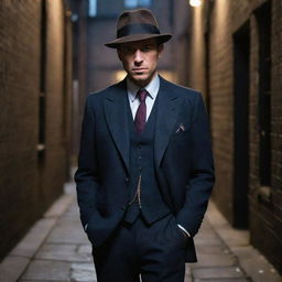 Colorful representation of a confident British gangster from the 1920s, in a suit and fedora, in a dimly lit alleyway