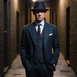 Colorful representation of a confident British gangster from the 1920s, in a suit and fedora, in a dimly lit alleyway