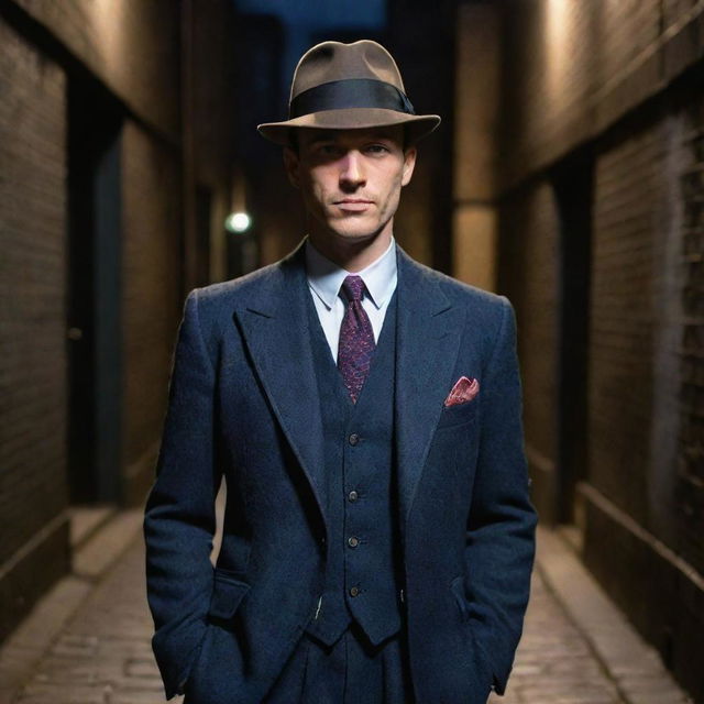 Colorful representation of a confident British gangster from the 1920s, in a suit and fedora, in a dimly lit alleyway