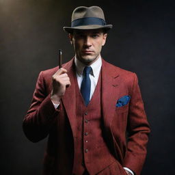 A 1920s British gangster, striking a silent and mysterious pose, portrayed in vibrant colors against a dark, gritty backdrop