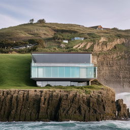 A sturdy house, viewed straight on, embraced by a wide, flat cliff with a grassy top. Monumental waves crash against thick glass windows.