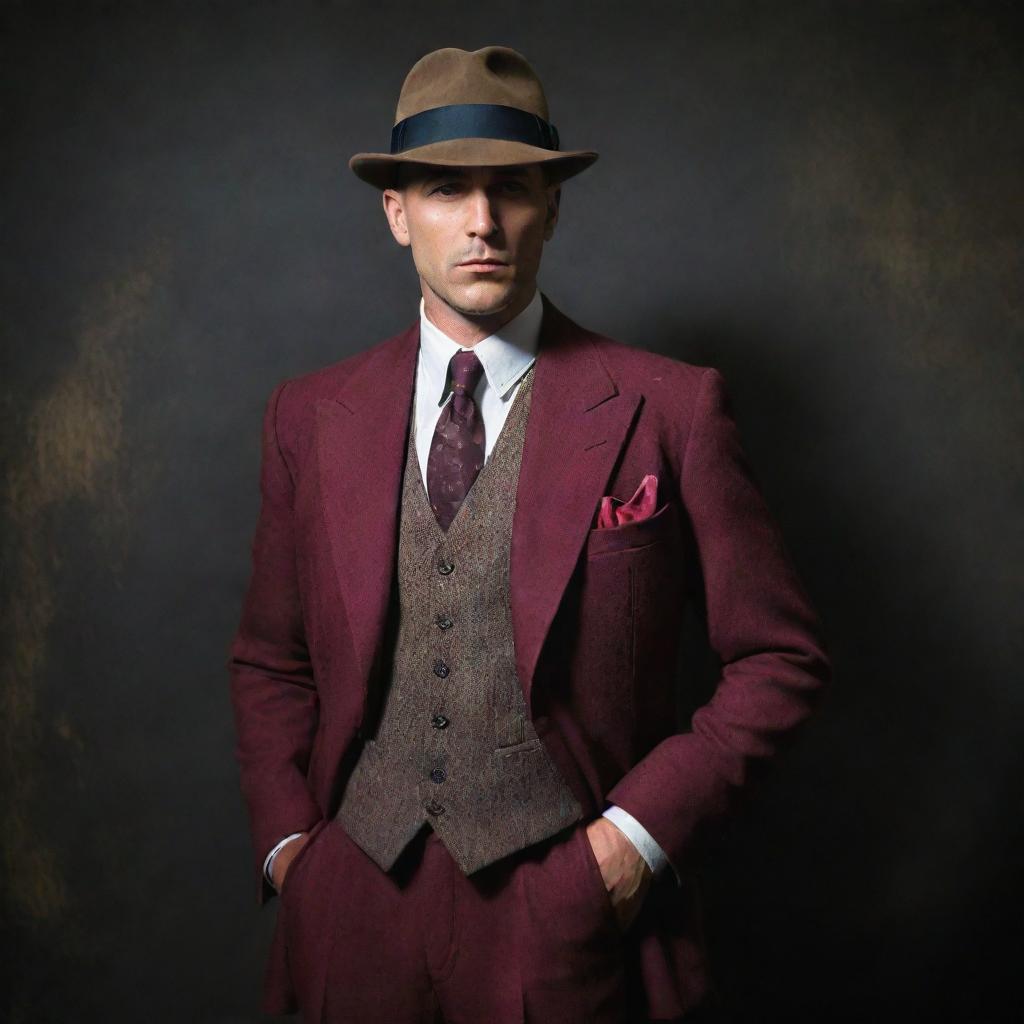 A 1920s British gangster, striking a silent and mysterious pose, portrayed in vibrant colors against a dark, gritty backdrop