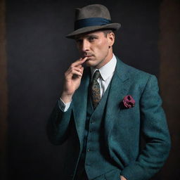 A 1920s British gangster, striking a silent and mysterious pose, portrayed in vibrant colors against a dark, gritty backdrop