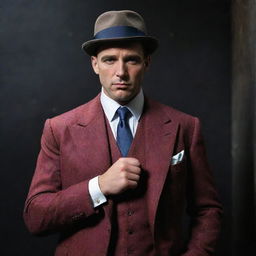 A 1920s British gangster, striking a silent and mysterious pose, portrayed in vibrant colors against a dark, gritty backdrop