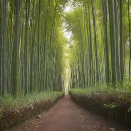 A serene view of a peaceful bamboo forest bathed in morning sunlight filtering through the dense foliage, with a path cutting through the center, leading to the unknown.