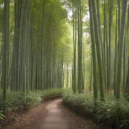 A serene view of a peaceful bamboo forest bathed in morning sunlight filtering through the dense foliage, with a path cutting through the center, leading to the unknown.