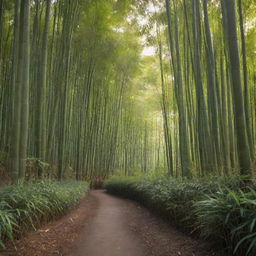 A serene view of a peaceful bamboo forest bathed in morning sunlight filtering through the dense foliage, with a path cutting through the center, leading to the unknown.