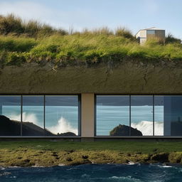 A sturdy house, viewed straight on, embraced by a wide, flat cliff with a grassy top. Monumental waves crash against thick glass windows.