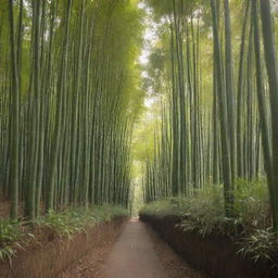 A serene view of a peaceful bamboo forest bathed in morning sunlight filtering through the dense foliage, with a path cutting through the center, leading to the unknown.