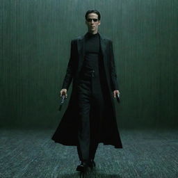 Neo standing in the iconic bullet-dodging pose from the Matrix, with a binary code rain backdrop